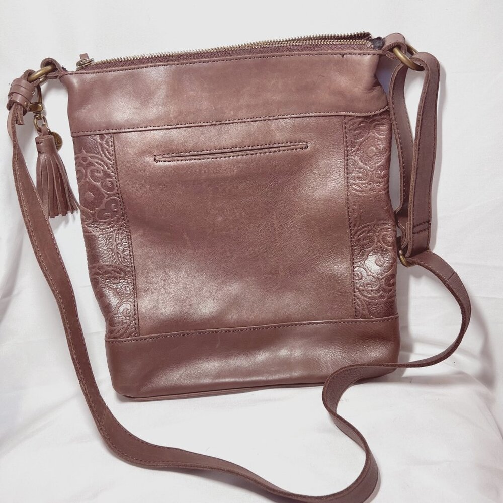 The Sak Collection-Brown Leather Embossed Floral Sides-Black/Pink inside-Phone - Picture 6 of 15